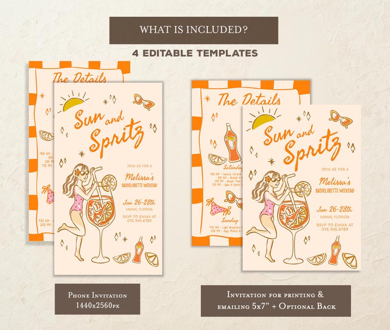 Puede incluir: Cuatro plantillas editables para una invitaci&oacute;n a una despedida de soltera. La invitaci&oacute;n presenta una ilustraci&oacute;n de dibujos animados de una mujer sosteniendo una copa de spritz con el texto "Sun and Spritz" en un estilo retro. La invitaci&oacute;n es de color naranja, amarillo y blanco.