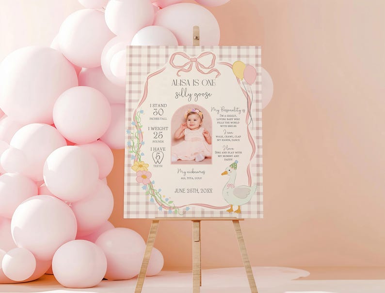 May include: A pink and white printable first birthday sign with a photo of a baby girl and a goose illustration. The sign includes the baby's name, age, height, weight, and the date of the birthday. The text reads "Alisa is one silly goose".