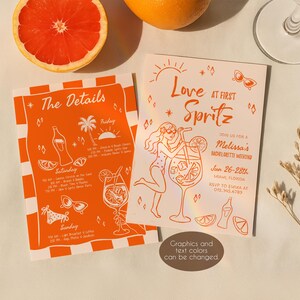 Puede incluir: Invitaci&oacute;n ilustrada en naranja y blanco para una despedida de soltera con el texto "Love at First Spritz" y detalles para el fin de semana de despedida de soltera de Melissa en Miami, Florida, del 26 al 28 de junio. RSVP a Emma al 012.345.6789.