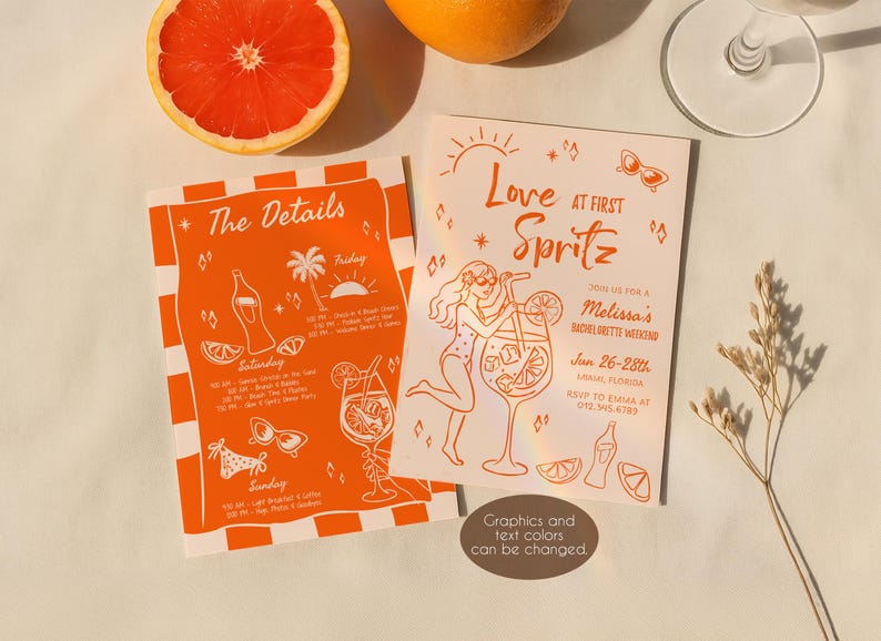 Puede incluir: Invitaci&oacute;n ilustrada en naranja y blanco para una despedida de soltera con el texto "Love at First Spritz" y detalles para el fin de semana de despedida de soltera de Melissa en Miami, Florida, del 26 al 28 de junio. RSVP a Emma al 012.345.6789.