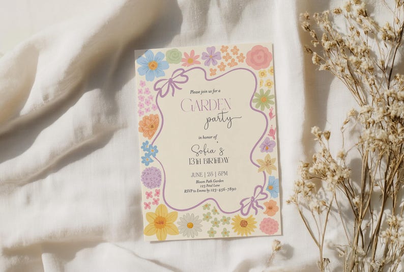 May include: A floral-themed invitation for a garden party in honor of Sofia's 13th birthday. The invitation features a purple border with a floral design and the text "Please join us for a GARDEN party in honor of Sofia's 13th Birthday. June | 26 | 1:30PM. Bloom Park Garden, 123 Petal Lane. RSVP to Emma by 123-456-7890."