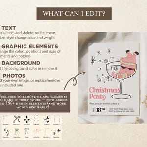 May include: A Christmas party invitation with a Santa Claus illustration inside a cocktail glass. The invitation includes the text "Christmas Party" in pink, along with event details. The design elements include stars and swirls.