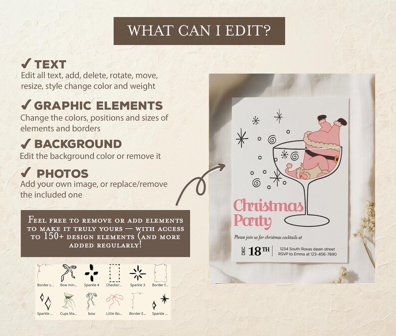 May include: A Christmas party invitation with a Santa Claus illustration inside a cocktail glass. The invitation includes the text "Christmas Party" in pink, along with event details. The design elements include stars and swirls.