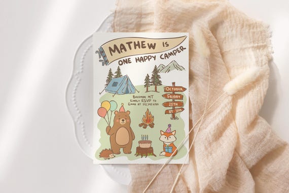 One Happy Camper Birthday Invitation, Boy Birthday Happy Camper Invite, Editable Camping 1st Birthday Invite, Woodland Party, Any Age