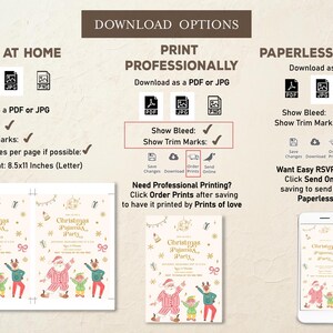 Op de afbeelding: Digitaal uitnodigingsontwerp voor een kerstpyjamaparty, met illustraties van de kerstman en elfen. Downloadopties als PDF of JPG, met opties voor professioneel printen of papierloos verzenden.