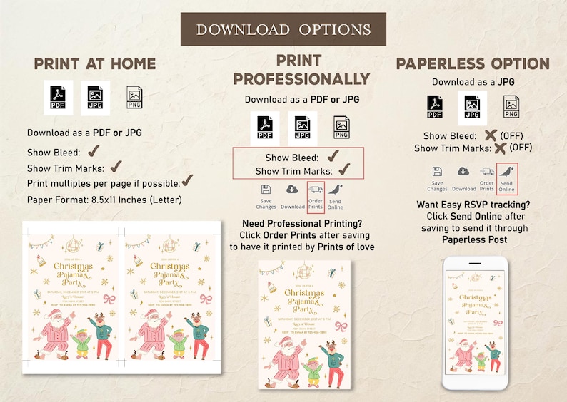 Op de afbeelding: Digitaal uitnodigingsontwerp voor een kerstpyjamaparty, met illustraties van de kerstman en elfen. Downloadopties als PDF of JPG, met opties voor professioneel printen of papierloos verzenden.