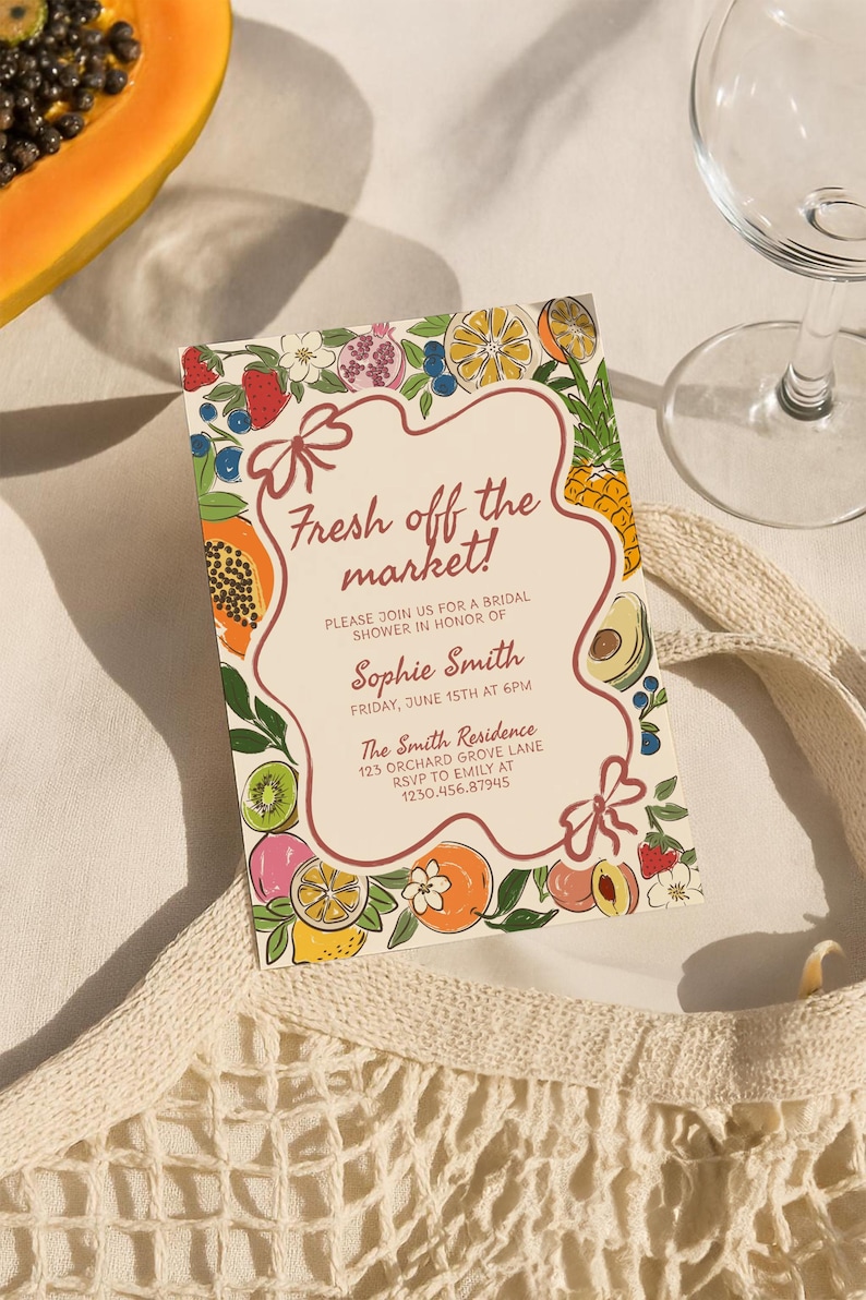 Fresh off the Market Bridal Shower Invitation Template, Editable Hand Drawn Farmer's Market Wedding Shower Invite, She's Off The Market B7 image 1