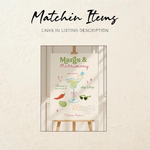 Op de afbeelding: Een bord op een ezel met de woorden "Margs & Matrimony" in groen en roze. Het bord bevat illustraties van een margarita, een zonnebril, een chilipeper en een limoen. De tekst "Olivia's Bachelorette" en "Sep 20xx" zijn ook zichtbaar.