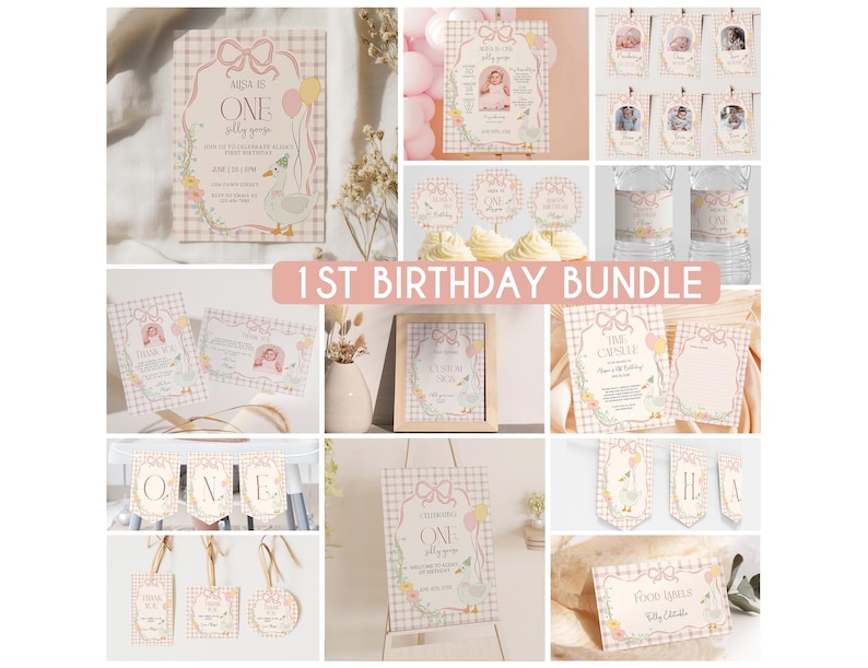 May include: A printable 1st birthday party bundle with a pink and white gingham pattern. The bundle includes a banner, cupcake toppers, water bottle labels, a welcome sign, food labels, and a sign that says "The Capsule".