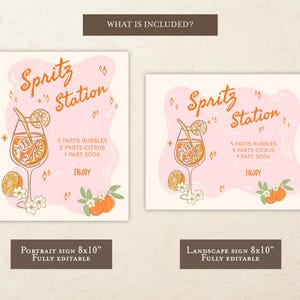 以下が含まれることがあります： ピンク色の背景にオレンジ色の文字で「Spritz Station」と書かれた2つの看板。看板にはカクテルのイラスト、レシピ、「Enjoy」の文字が含まれています。看板の下部には「Portrait Sign 20x25cm 完全編集可能」と「Landscape Sign 20x25cm 完全編集可能」と書かれています。