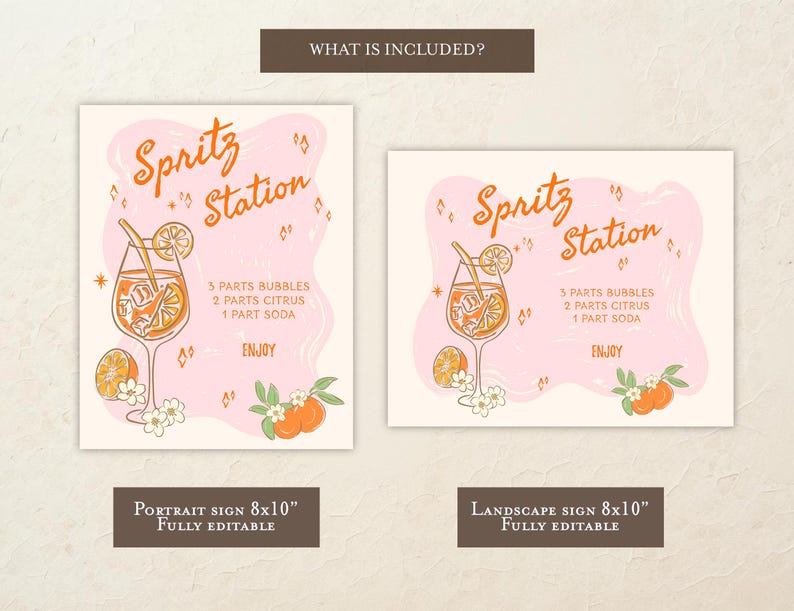 以下が含まれることがあります： ピンク色の背景にオレンジ色の文字で「Spritz Station」と書かれた2つの看板。看板にはカクテルのイラスト、レシピ、「Enjoy」の文字が含まれています。看板の下部には「Portrait Sign 20x25cm 完全編集可能」と「Landscape Sign 20x25cm 完全編集可能」と書かれています。