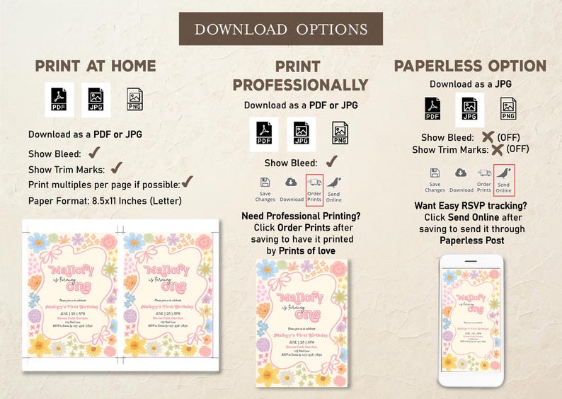 Puede incluir: Invitaci&oacute;n imprimible para un primer cumplea&ntilde;os. La invitaci&oacute;n presenta un dise&ntilde;o floral en un esquema de color rosa y blanco. El texto de la invitaci&oacute;n dice "Mallory cumple un a&ntilde;o".