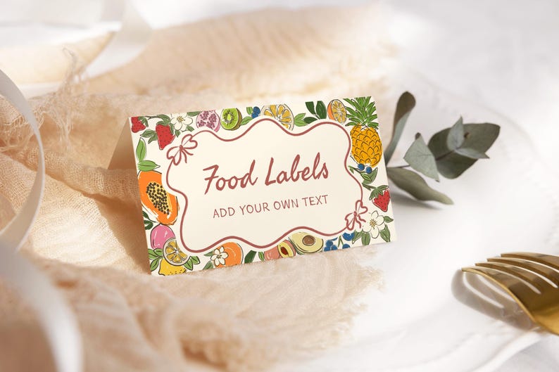 May include: A white card with a colorful fruit border and the text "Food Labels" in a red oval. Below the text is the phrase "Add your own text".