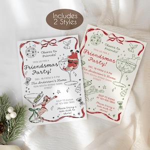 May include: Two white Friendsmas party invitations with red and black illustrations. The invitations include text, a disco ball, and images of cocktails. The invitations are on a white background with a sprig of pine and ribbon.