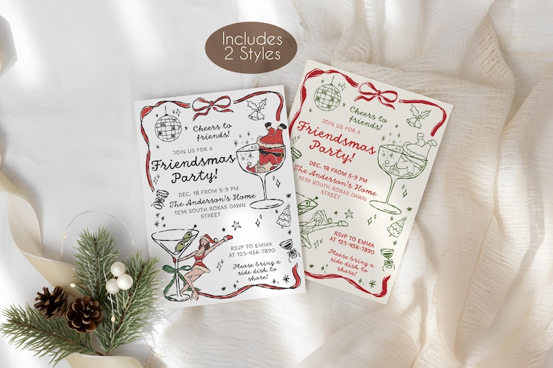 May include: Two white Friendsmas party invitations with red and black illustrations. The invitations include text, a disco ball, and images of cocktails. The invitations are on a white background with a sprig of pine and ribbon.