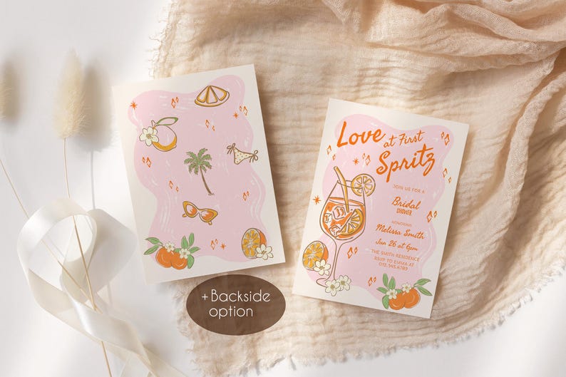 May include: Two pink invitation cards with orange and white illustrations. One card says "Love at First Spritz" and includes details for a bridal shower. The other card has illustrations of oranges, sunglasses, and a palm tree. A "+ Backside option" is also visible.