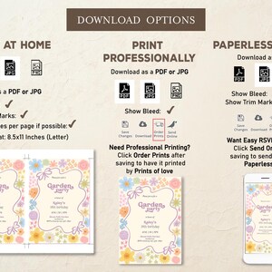May include: Printable invitation for a garden party with a floral border and the text "Garden Party" in a pink and green font. The invitation includes the name "Riley's" and the age "5th Birthday". The invitation is available in PDF and JPG formats and can be printed at home or professionally.