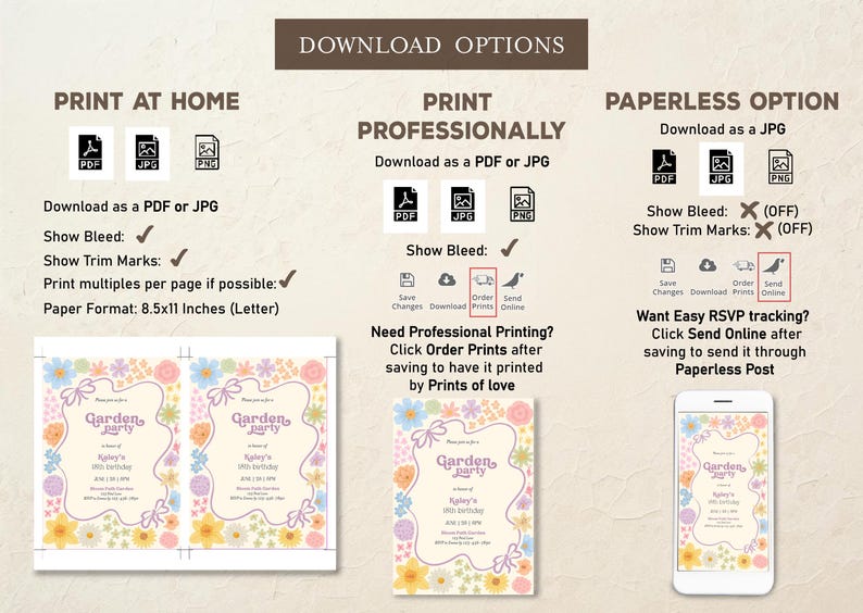 May include: Printable invitation for a garden party with a floral border and the text "Garden Party" in a pink and green font. The invitation includes the name "Riley's" and the age "5th Birthday". The invitation is available in PDF and JPG formats and can be printed at home or professionally.