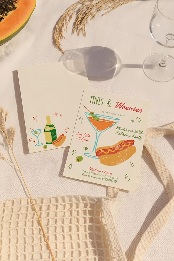 Weenies and Tinis Birthday Theme Invite, Bachelorette invitation, Weenies and Tonic, Dinner Party Invite Template, Martini Theme Birthday A6