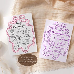 May include: Two printable invitations for a "Divorced Era" party. The invitations feature a woman in a martini glass with a disco ball and other party-related graphics. One invitation is pink and the other is purple.