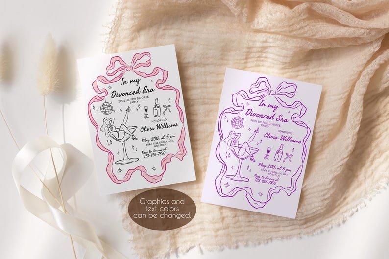 May include: Two printable invitations for a "Divorced Era" party. The invitations feature a woman in a martini glass with a disco ball and other party-related graphics. One invitation is pink and the other is purple.
