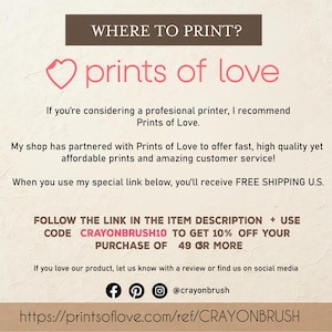 May include: Cream-colored graphic with text: "WHERE TO PRINT? prints of love." Additional text recommends Prints of Love for printing, mentions a partnership, and offers a discount code for purchases.
