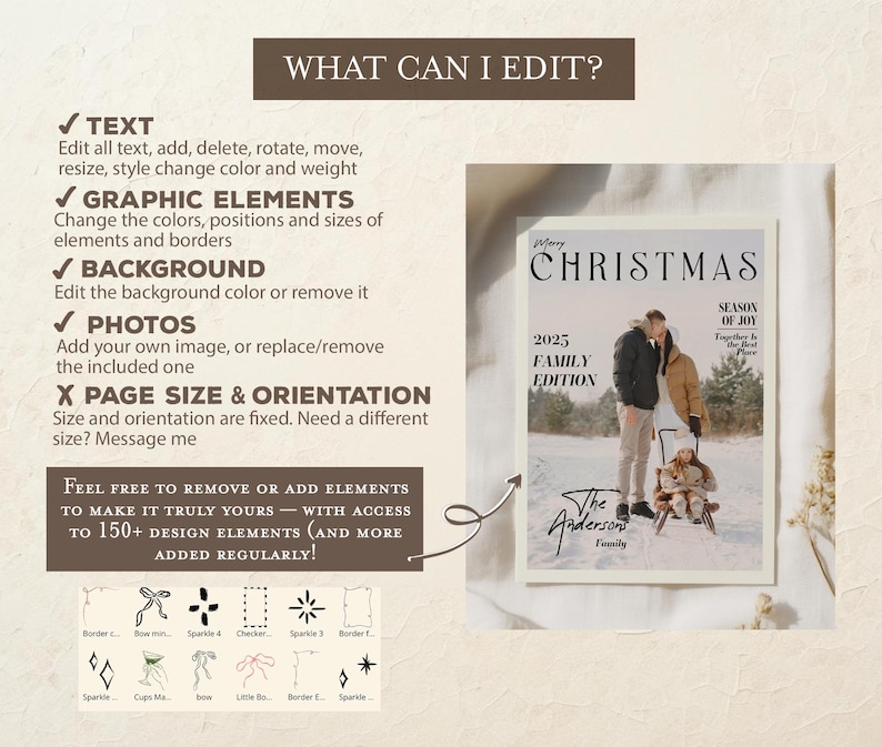 May include: A customizable Christmas card design with the text "Merry Christmas" and "2025 Family Edition." The card features a family photo and editing options for text, graphics, background, and photos. Includes design elements.