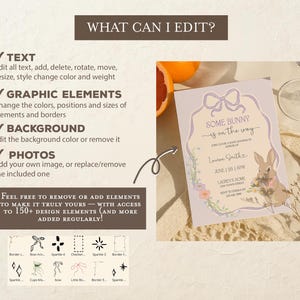 Op de afbeelding: Een uitnodiging voor een babyshower in lavendel en cr&egrave;me. Het ontwerp toont een konijn, bloemmotieven en de tekst "Some Bunny is on the Way". Het ontwerp maakt het mogelijk om tekst en grafische elementen te bewerken.