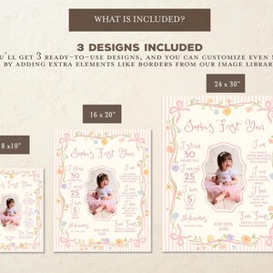 May include: Three ready-to-use baby milestone designs in 20x25, 40x50, and 60x76 cm sizes. Each design features a photo of a baby, with details like height, weight, and favorite foods. The designs include floral and ribbon accents.