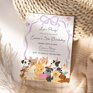 May include: A party invitation with the text "Let's Pawty!" and "Emma's 5th Birthday." The invitation features a purple bow and a border with paw prints and bone shapes. A colorful illustration of various dog breeds decorates the bottom.
