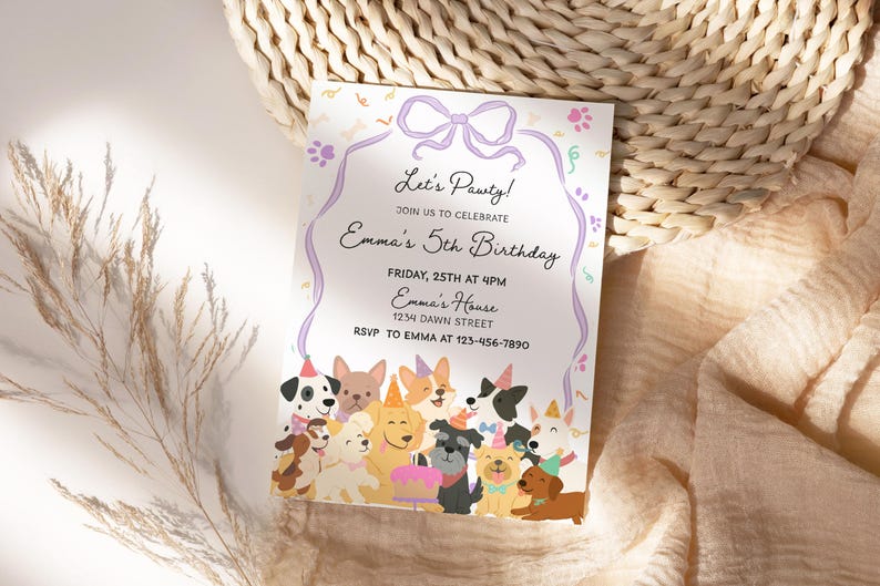 May include: A party invitation with the text "Let's Pawty!" and "Emma's 5th Birthday." The invitation features a purple bow and a border with paw prints and bone shapes. A colorful illustration of various dog breeds decorates the bottom.