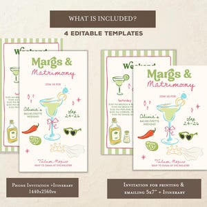 Op de afbeelding: Vier bewerkbare sjablonen voor een vrijgezellenfeestuitnodiging. Het ontwerp bevat een margarita-illustratie met de tekst "Margs & Matrimony" en "Olivia's Bachelorette Weekend". Inclusief reisdetails.