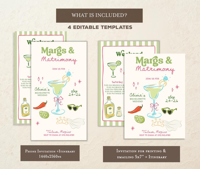 Op de afbeelding: Vier bewerkbare sjablonen voor een vrijgezellenfeestuitnodiging. Het ontwerp bevat een margarita-illustratie met de tekst "Margs & Matrimony" en "Olivia's Bachelorette Weekend". Inclusief reisdetails.