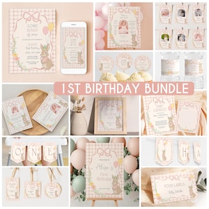 Some Bunny is One Birthday Bundle, Floral bunny Invite First Birthday Bundle, Pink Greenery Girls 1st birthday Boho Rabbit Theme Decor B5