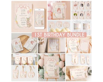 Some Bunny is One Birthday Bundle, Floral bunny Invite First Birthday Bundle, Pink Greenery Girls 1st birthday Boho Rabbit Theme Decor B5