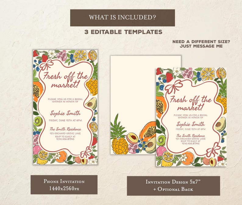 Fresh off the Market Bridal Shower Invitation Template, Editable Hand Drawn Farmer's Market Wedding Shower Invite, She's Off The Market B7 image 3