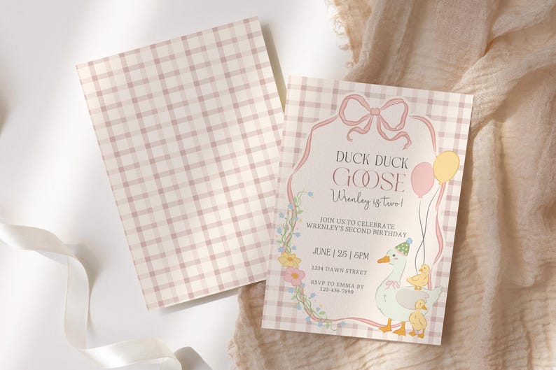 May include: A set of two invitations with a pink and white gingham pattern. One invitation features a cartoon duck with text that reads "Duck Duck Goose Wrenley is two!" and event details. The other invitation is blank.