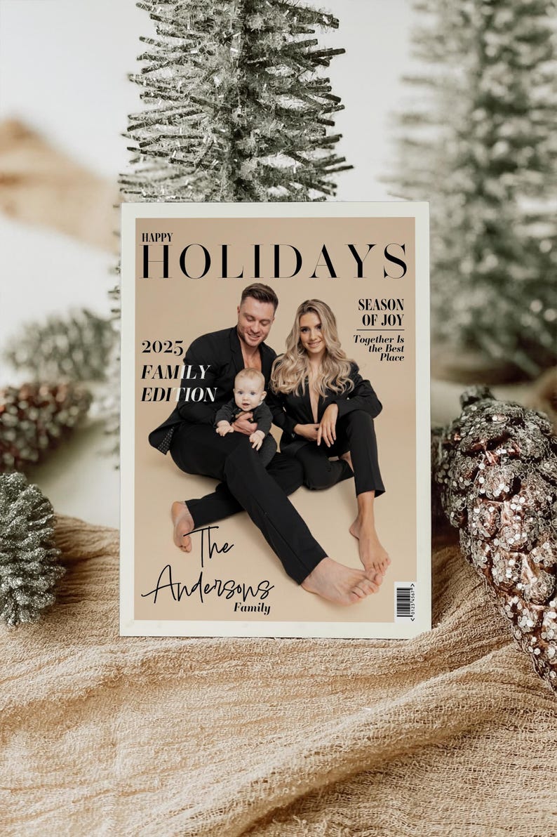 Holiday Photo Card Magazine Style, Custom Family Christmas Card, Modern Holiday Greeting Template image 1
