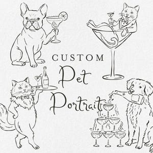 Retrato personalizado do seu pet - Edição Martini - Ilustração divertida, desenho de pet com tema de coquetel, arte personalizada para cães ou gatos, download digital.