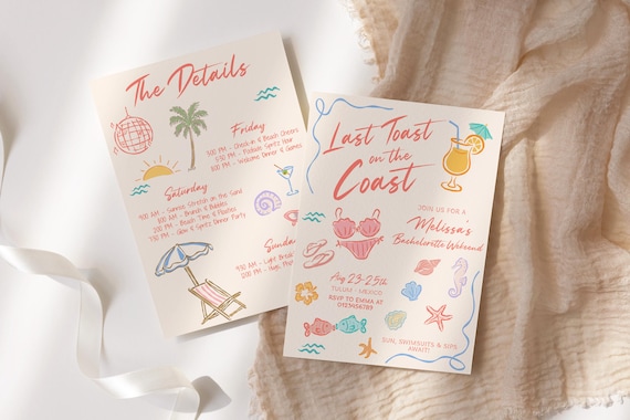 Last Toast On The Coast Bachelorette Party Invitation and Itinerary Template, Coastal Beach Bach Weekend Events, Beach Bachelorette Invite