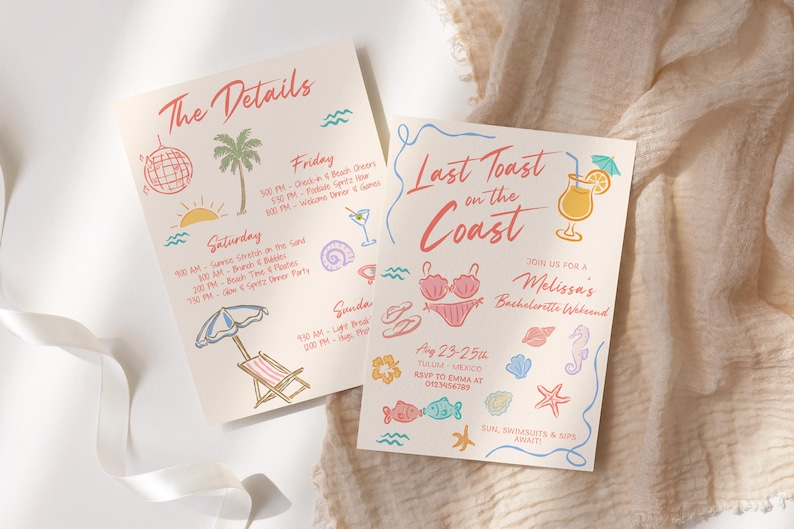 Last Toast On The Coast Bachelorette Party Invitation and Itinerary Template, Coastal Beach Bach Weekend Events, Beach Bachelorette Invite image 1