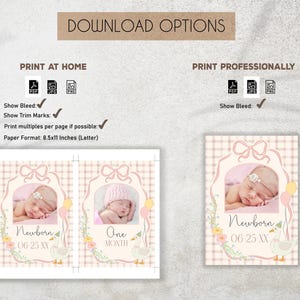 May include: Two printable cards for a newborn baby girl. The cards feature a pink and white gingham pattern with a white frame. The cards have a photo of a baby girl sleeping in a pink hat. The text on the cards reads "Newborn 06 25 XX" and "One Month".