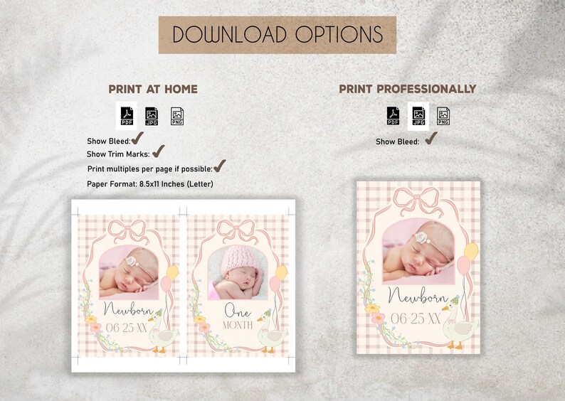 May include: Two printable cards for a newborn baby girl. The cards feature a pink and white gingham pattern with a white frame. The cards have a photo of a baby girl sleeping in a pink hat. The text on the cards reads "Newborn 06 25 XX" and "One Month".