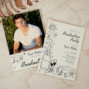 Plantilla de invitación de graduación dibujada a mano, anuncio de fiesta de graduación de último año, invitación de graduación de maestría, invitación de masterizado