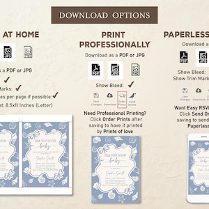 May include: A digital invitation design with a blue and white seashell theme. The text reads "Sea You Soon Baby" with the baby's name and details. Download options include PDF, JPG, and PNG formats.