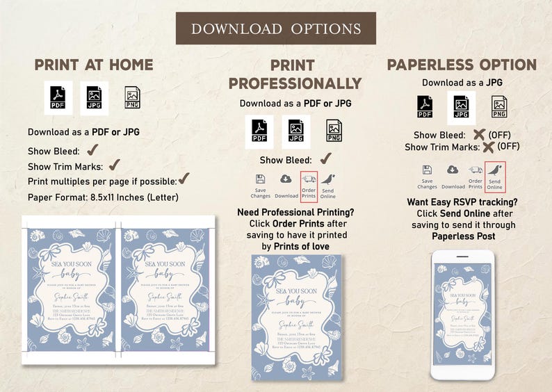 May include: A digital invitation design with a blue and white seashell theme. The text reads "Sea You Soon Baby" with the baby's name and details. Download options include PDF, JPG, and PNG formats.