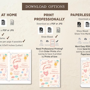 May include: Digital download options for a beach-themed invitation. Includes options to print at home, professionally, or use a paperless option. The invitation design features the text "Last Toast on the Coast" with beach-themed illustrations.