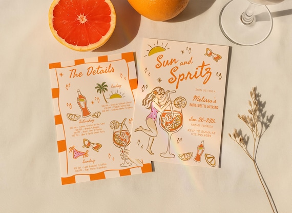 Sun and Spritz Bachelorette Invite & Itinerary Template, Editable Hand Drawn Cocktail Party, Tropical Beach Bridal Shower, spritz invitation