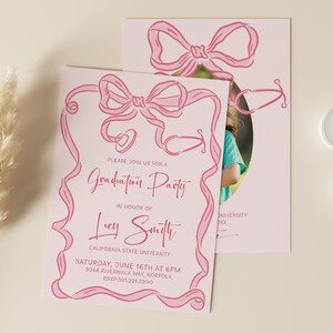 May include: Pink graduation party invitation with a pink ribbon design and a photo of a graduate. The invitation says "Please join us for a Graduation Party in honor of Lucy Smith, California State University, Saturday, June 16th at 6pm, 9044 Riverwalk Way, Norfolk, RSVP 521.221.2200".