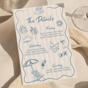 May include: A light blue and white striped event details card with illustrations of a disco ball, palm tree, and beach umbrella. The card lists the schedule for Friday, Saturday, and Sunday events.